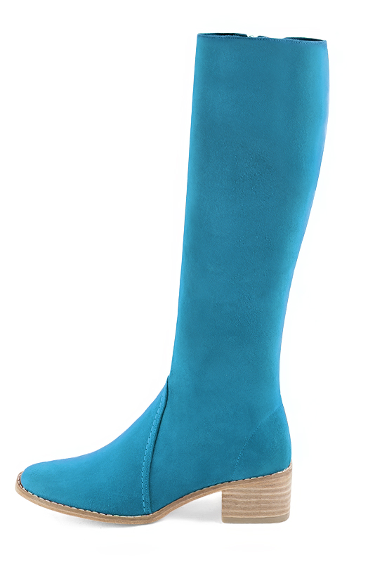 Turquoise blue women's riding knee-high boots. Round toe. Low leather soles. Made to measure. Profile view - Florence KOOIJMAN